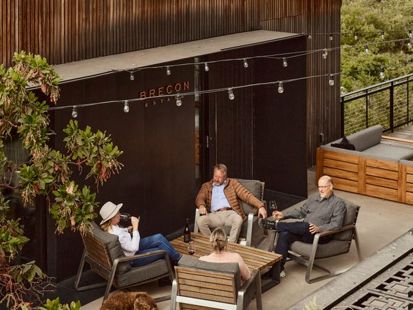 People drinking wine together on an outdoor modern wooden patio at Brecon Estate with a dog resting nearby.